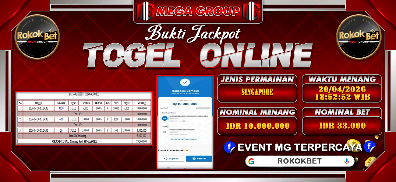 Bukti JP situs Rokokbet hari Senin, 20 April 2026