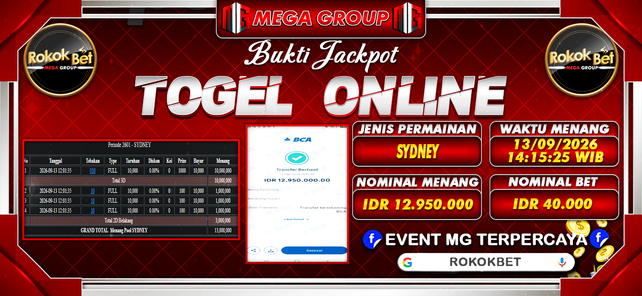 Bukti JP situs Rokokbet hari Selasa, 15 September 2026